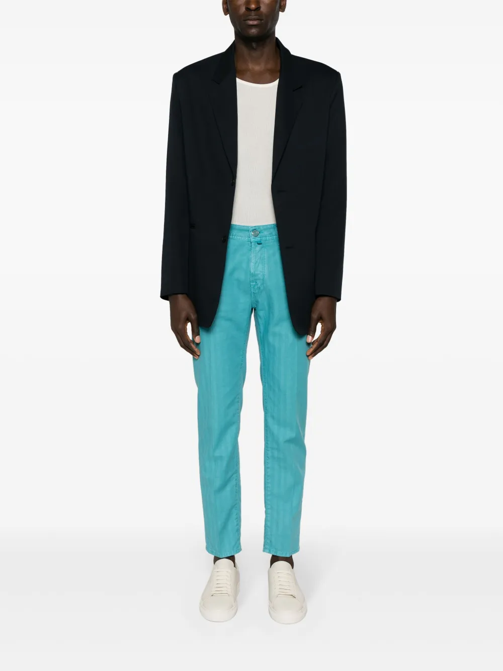 Men Skinny Pants Maison-Kitsune Jacob Cohën Scott slim-leg Herringbone Trousers Blue