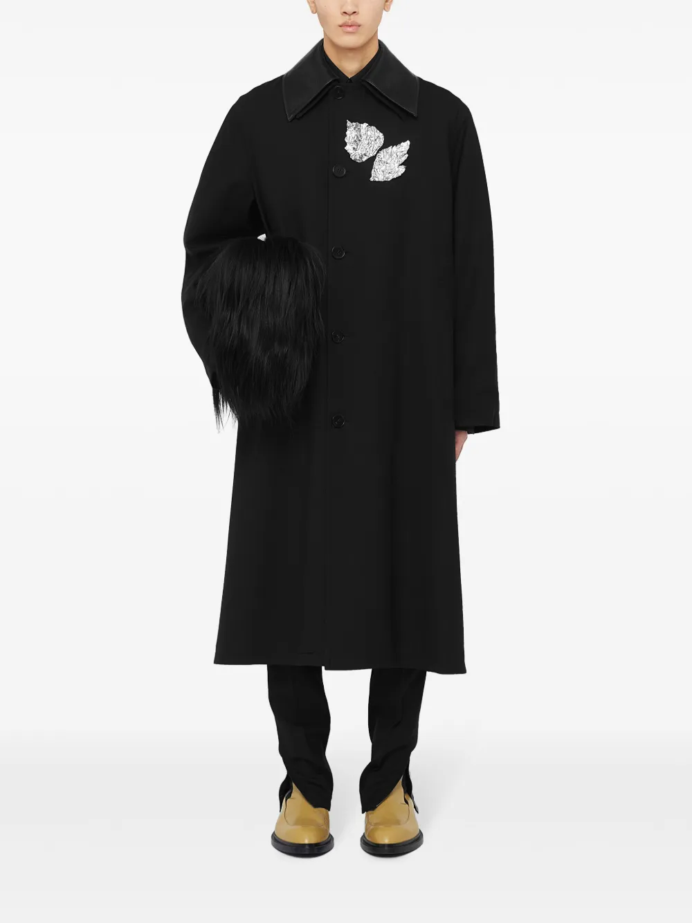 Men Single Breasted Coats Maison-Kitsune Jil Sander leather-collar Coat Black
