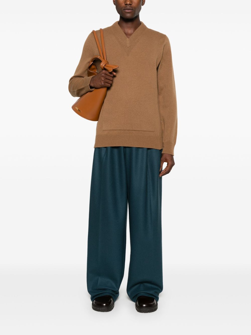Maison-Kitsune Jil Sander V-neck ribbed-knit Jumper Brown Men Knitted Sweaters