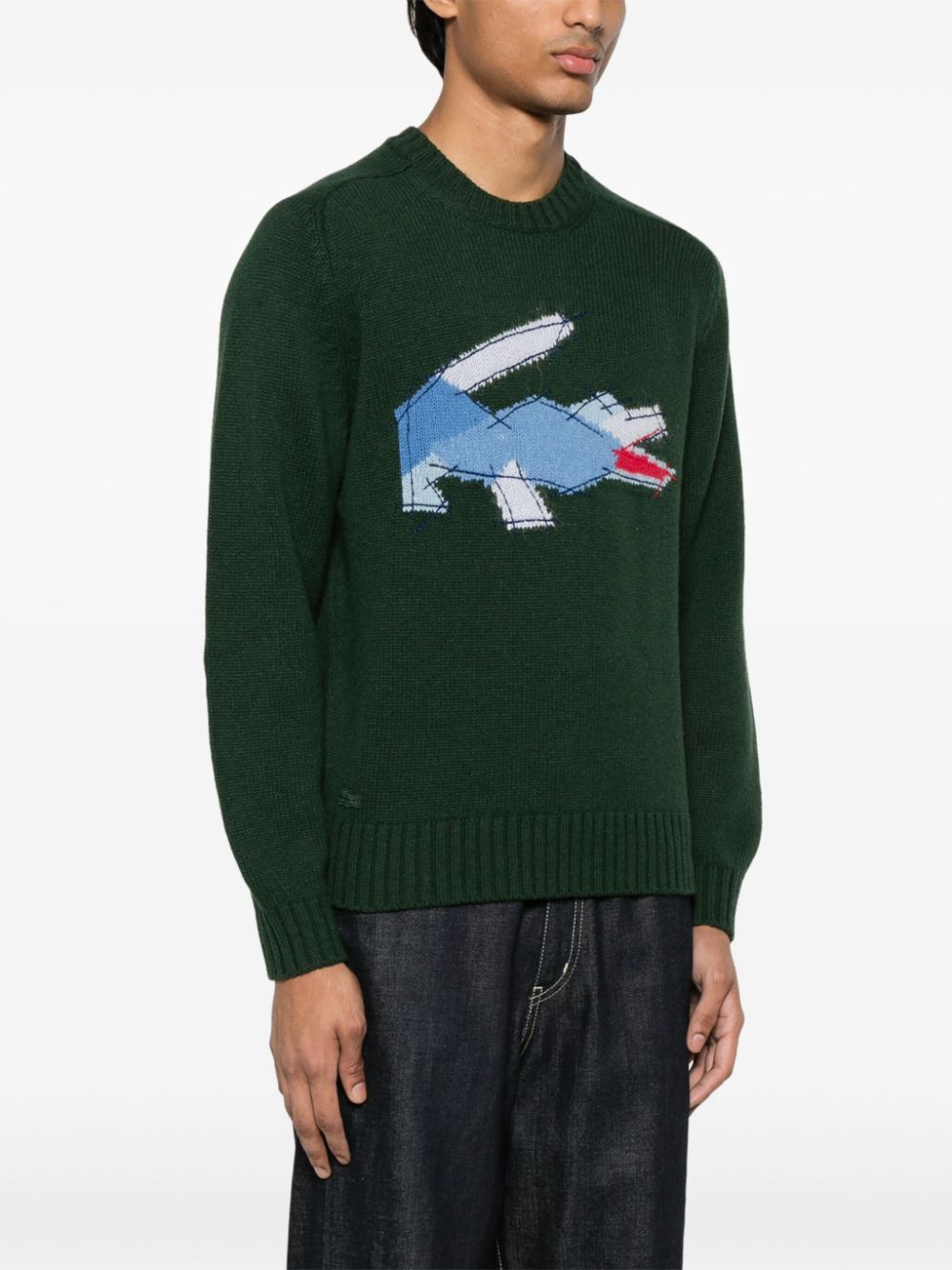 Maison-Kitsune Knitted Sweaters Men Lacoste crocodile-pattern Wool Sweater Green