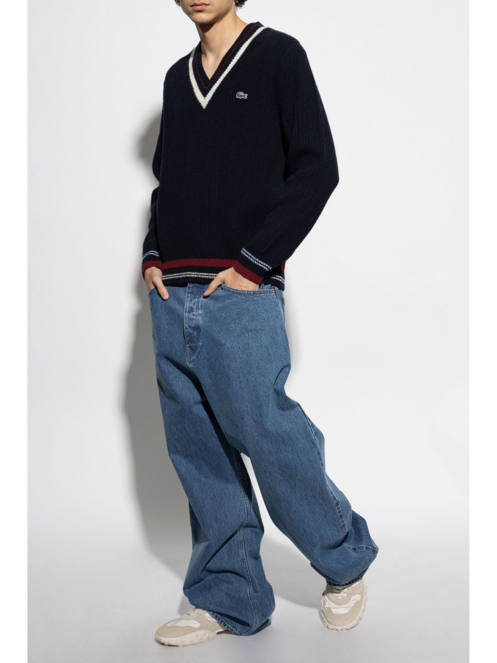 Maison-Kitsune Lacoste Crocodile-patch Wool Jumper Black Men Knitted Sweaters