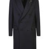 Maison-Kitsune Double Breasted Coats Men Lardini brooch-detail Coat Black