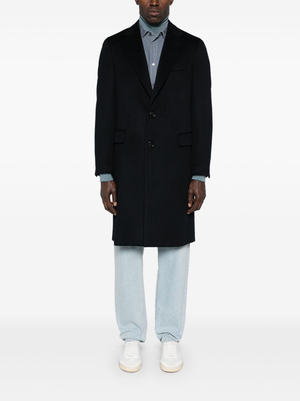 Maison-Kitsune Single Breasted Coats Men Lardini Cashmere Coat Blue