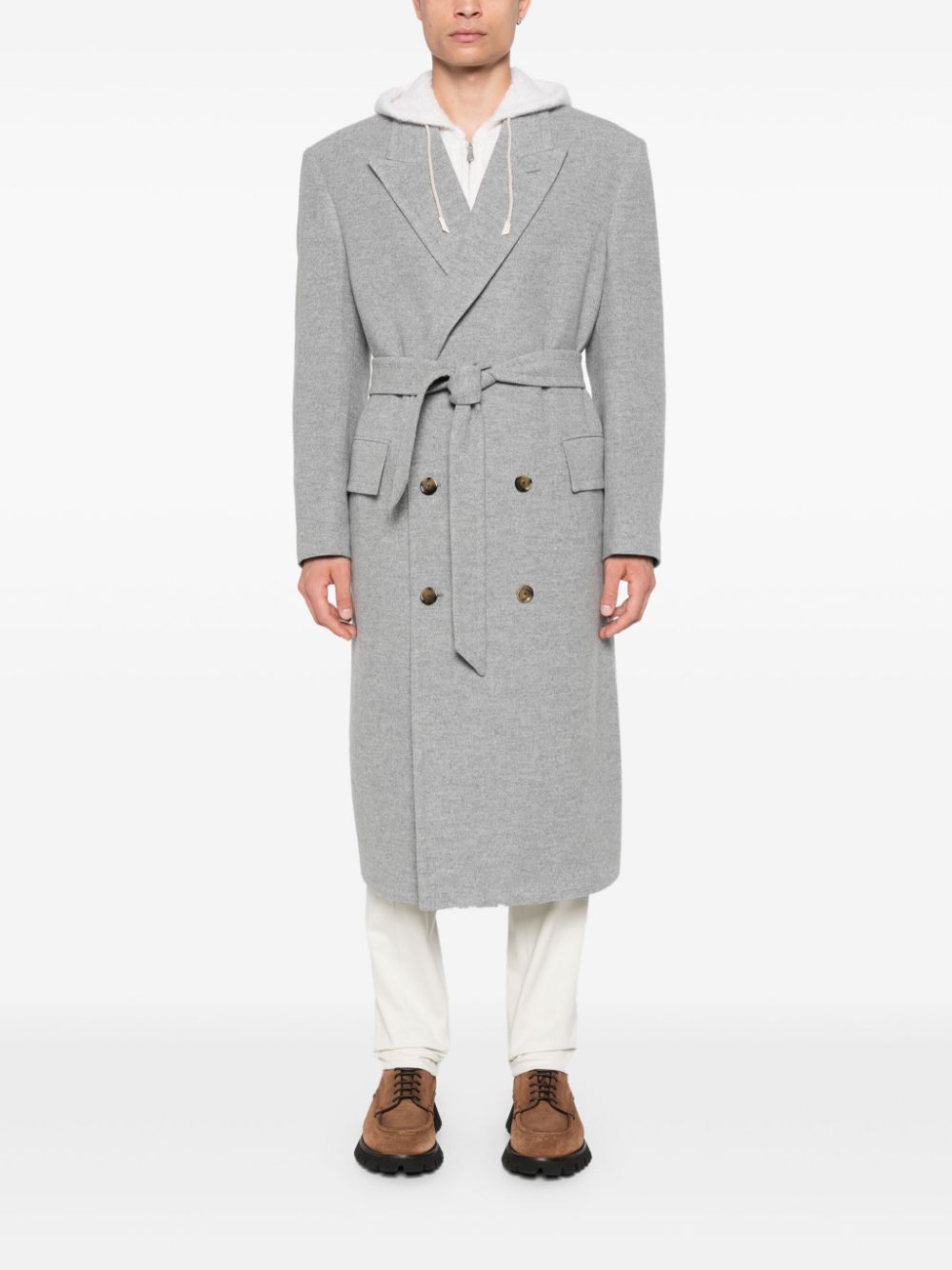 Maison-Kitsune Double Breasted Coats Men Lardini Belted Coat Grey