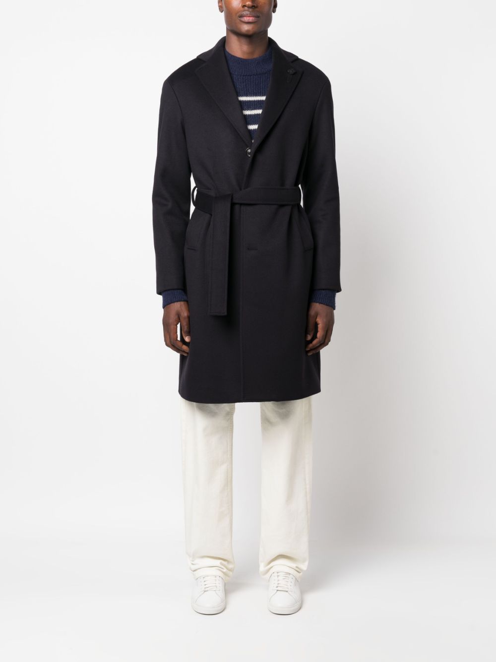 Lardini tied-waist Wool Coat Blue Men Single Breasted Coats Maison-Kitsune