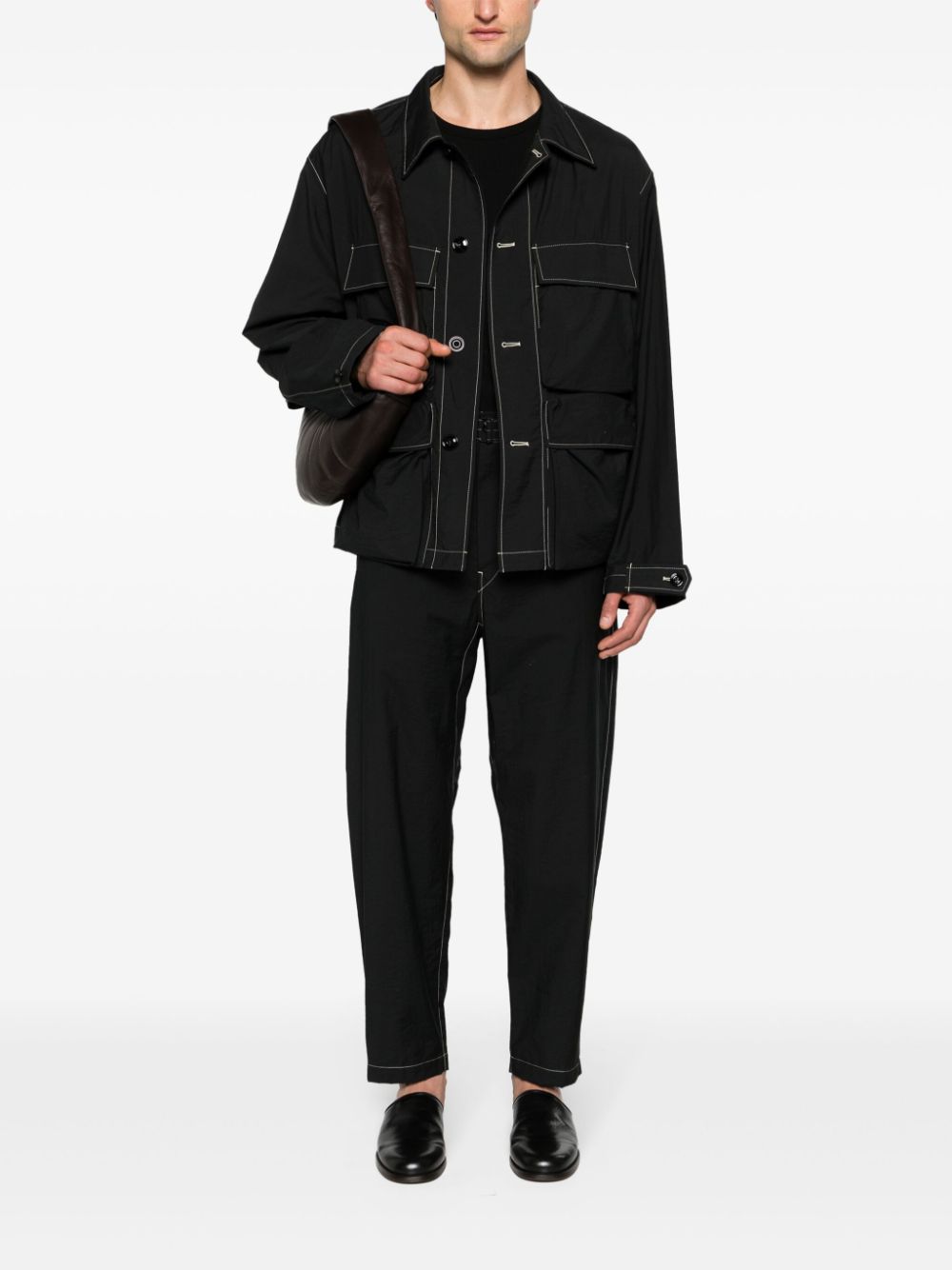 Maison-Kitsune LEMAIRE contrast-stitching Belted Trousers Black Men Tapered Pants