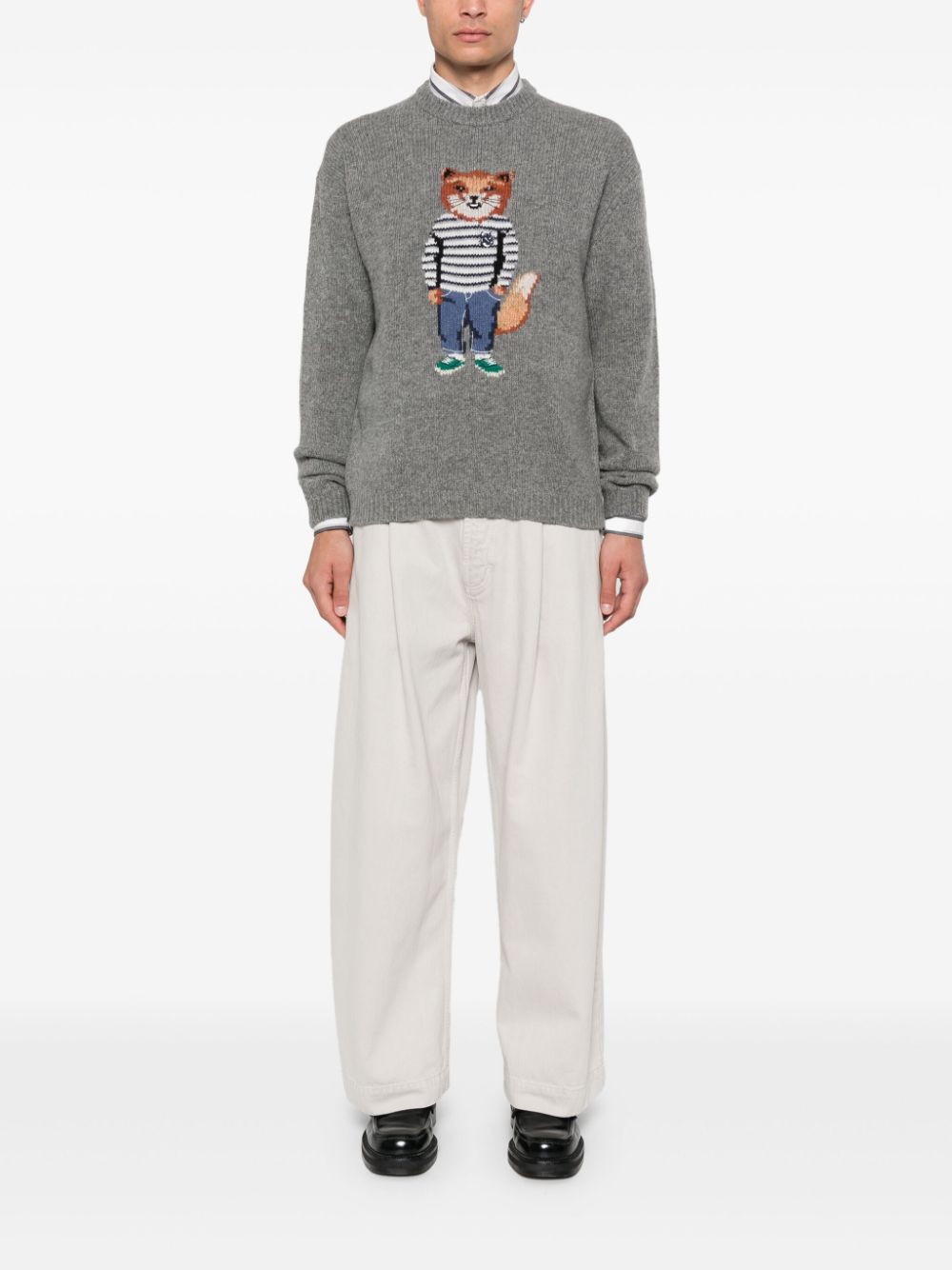Maison Kitsuné Dressed Fox-intarsia Sweater Grey Men Knitted Sweaters Maison-Kitsune