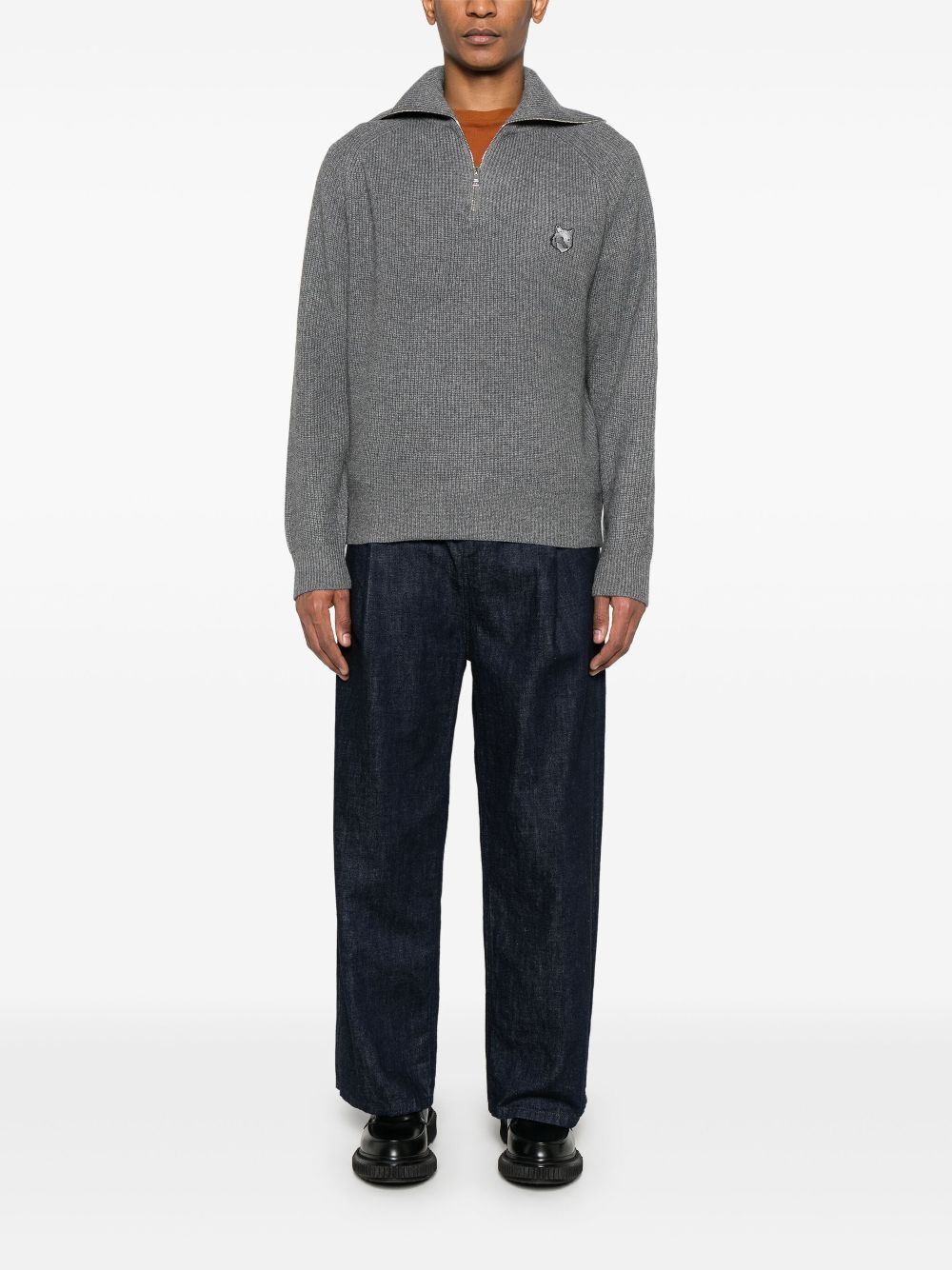 Men Knitted Sweaters Maison-Kitsune Maison Kitsuné Bold Fox Head-patch Ribbed Sweater Grey