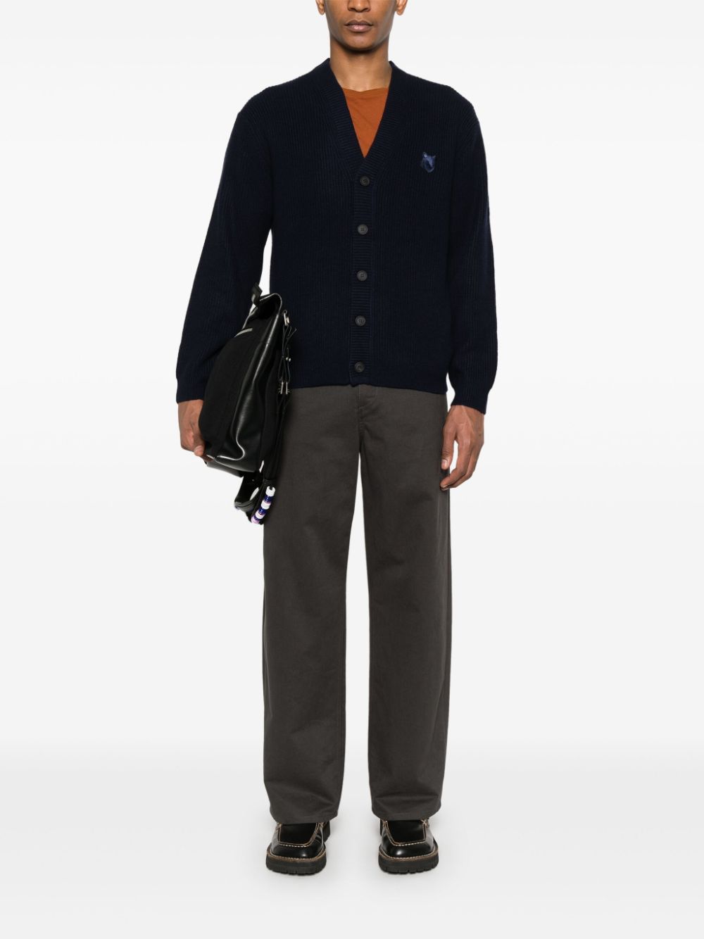 Maison Kitsuné Bold Fox Head Ribbed Cardigan Blue Maison-Kitsune Men Cardigans