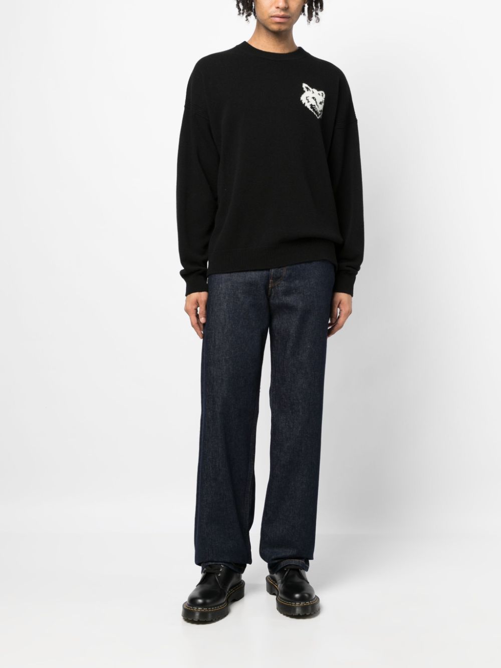 Maison Kitsuné intarsia-knit Fox Wool Jumper Black Men Knitted Sweaters Maison-Kitsune