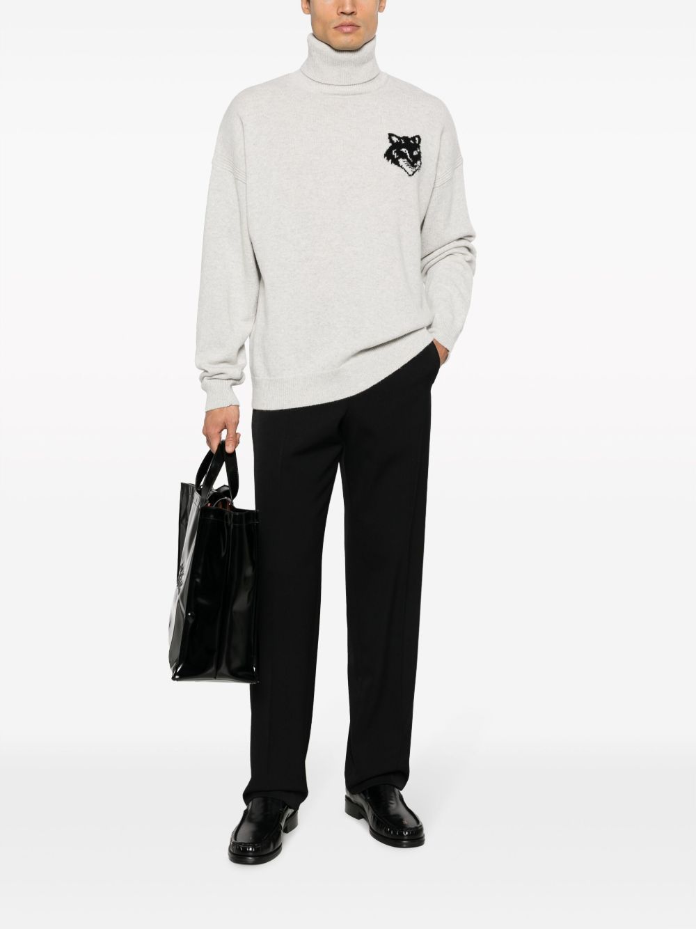 Maison Kitsuné logo-intarsia Wool Jumper Grey Men Knitted Sweaters Maison-Kitsune