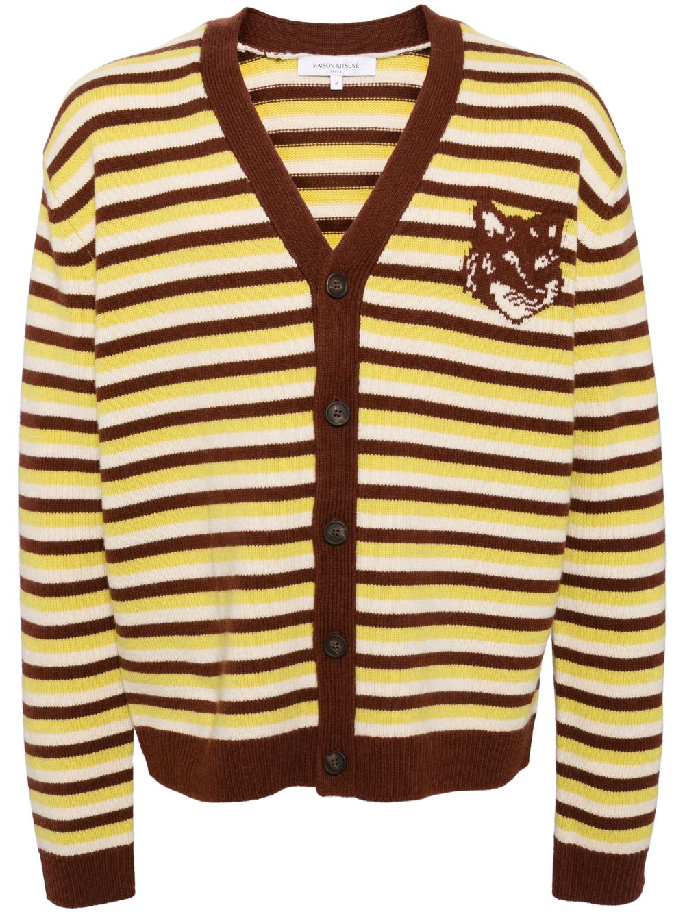 Maison Kitsuné Fox Head Intarsia Striped Cardigan Green Men Cardigans Maison-Kitsune