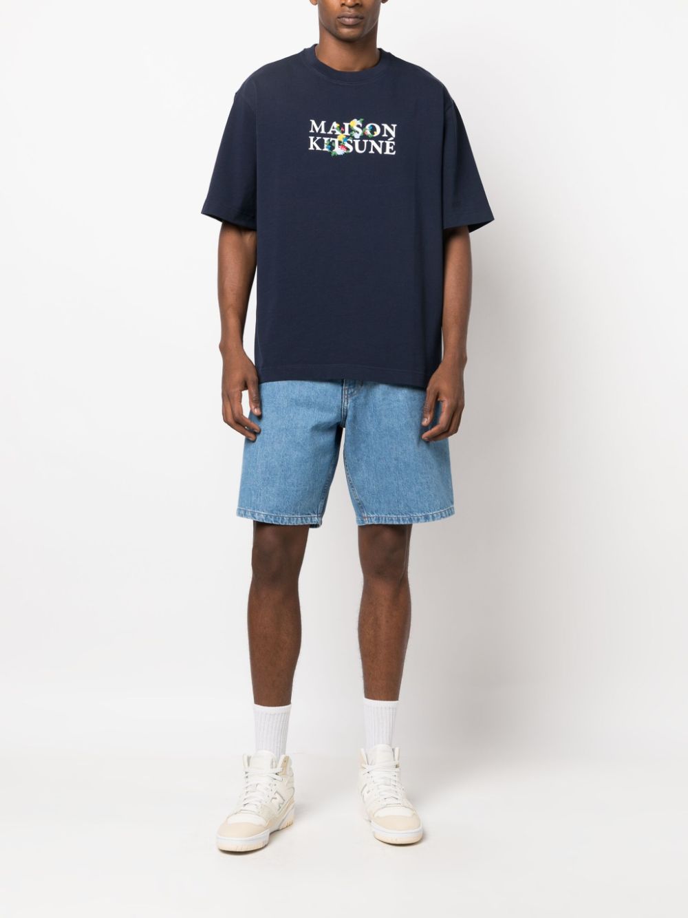 Maison Kitsuné logo-embroidered crew-neck T-shirt Blue Men T-Shirts Maison-Kitsune