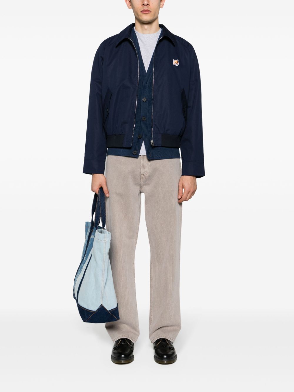 Maison-Kitsune Maison Kitsuné Fox head-patch V-neck Cardigan Blue Men Cardigans