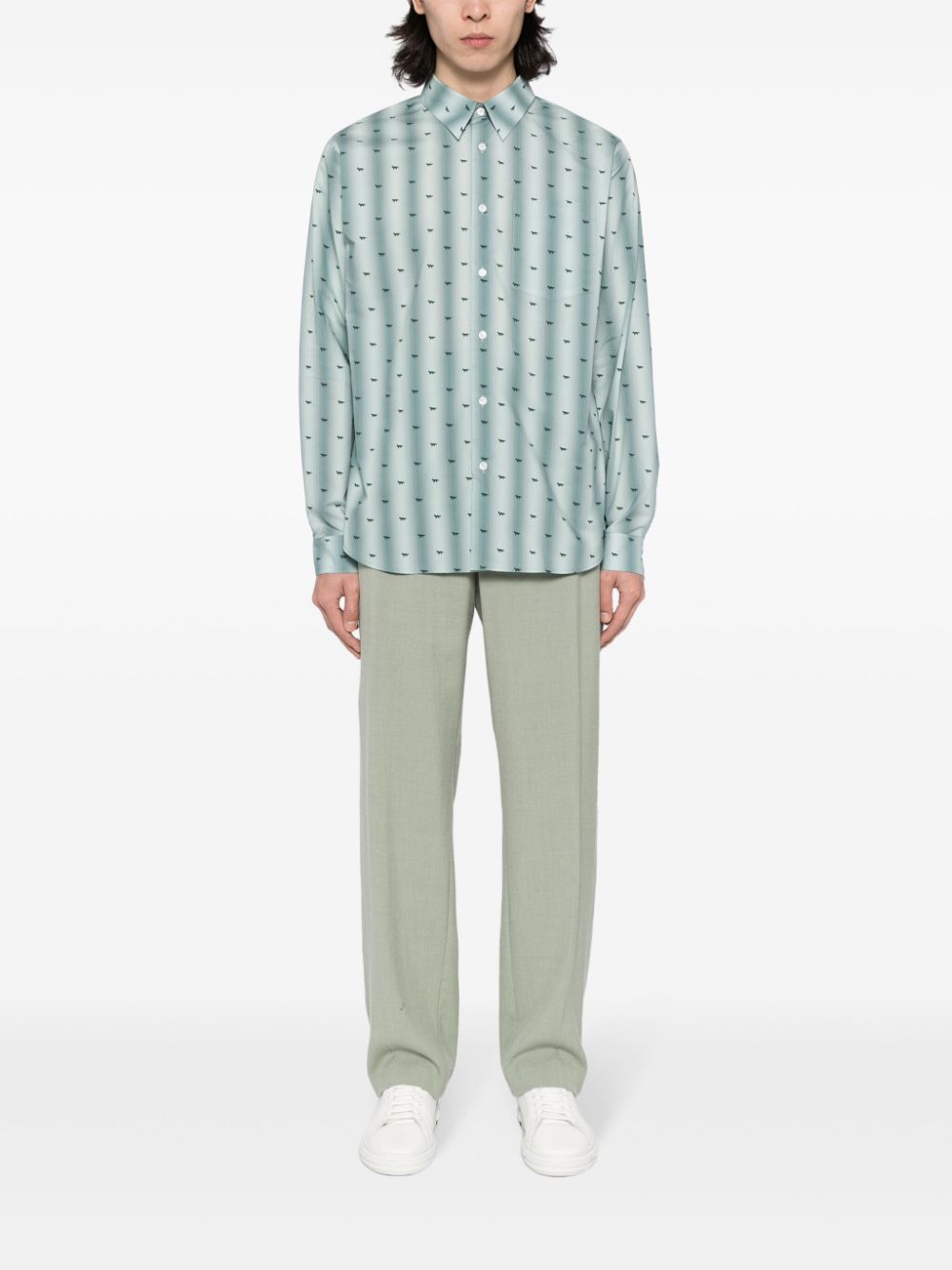 Maison Kitsuné logo-print Cotton Shirt Green Men Shirts Maison-Kitsune