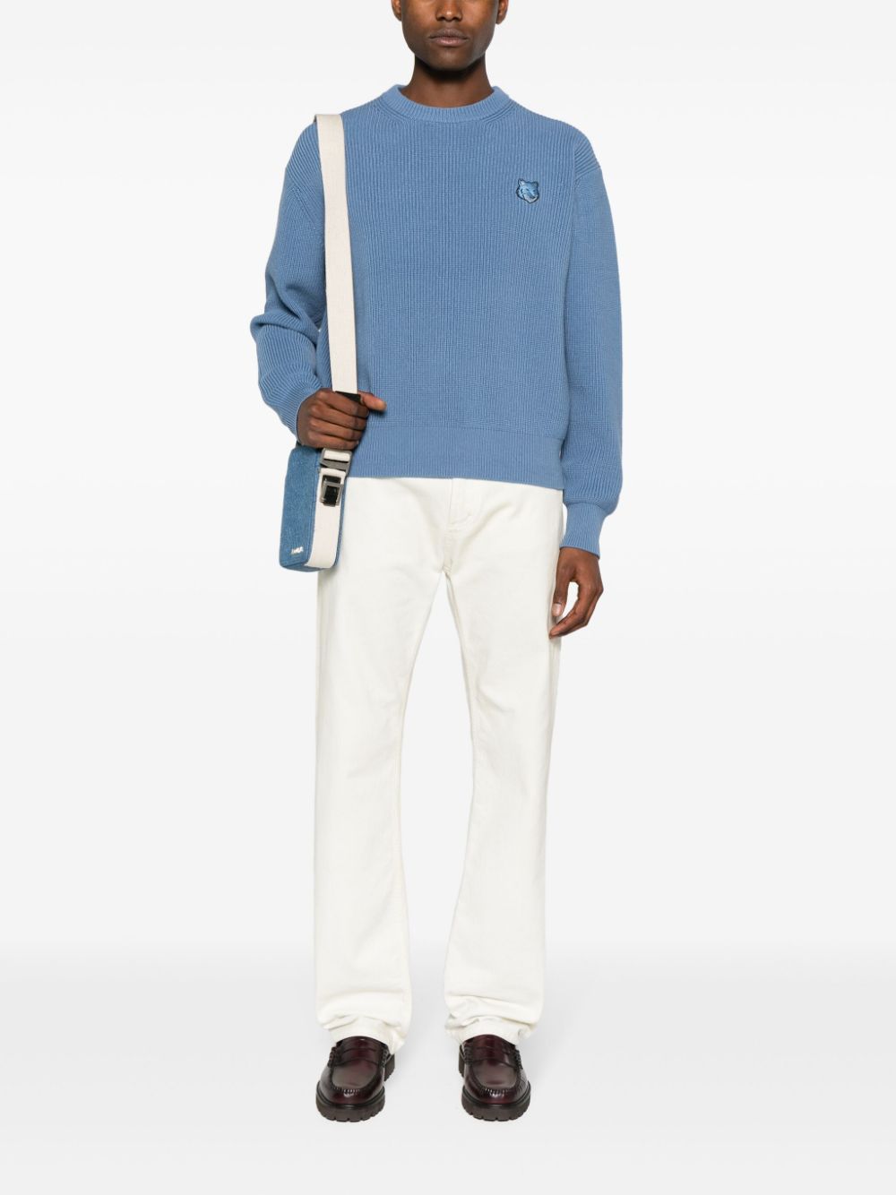Maison-Kitsune Maison Kitsuné logo-patch Ribbed Jumper Blue Men Knitted Sweaters