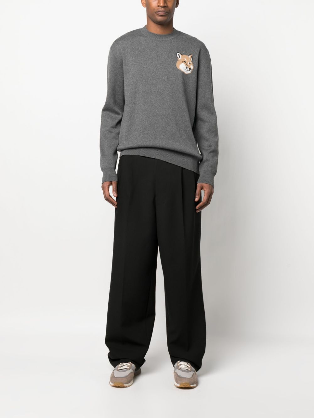 Maison-Kitsune Maison Kitsuné fox-motif Cotton Jumper Grey Men Knitted Sweaters
