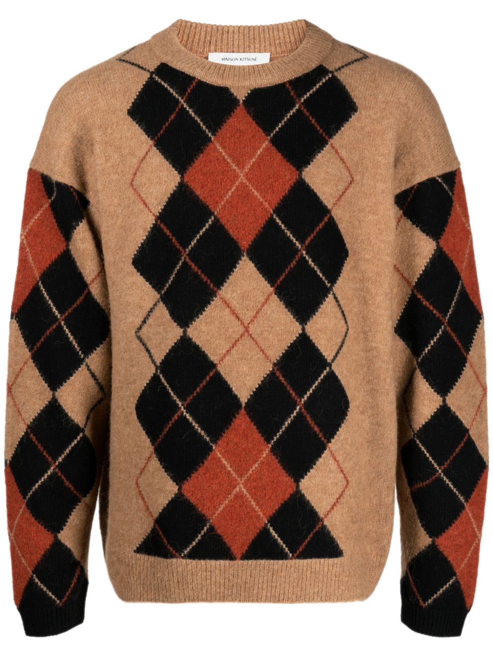 Maison Kitsuné argyle-pattern crew-neck Jumper Brown Men Knitted Sweaters Maison-Kitsune