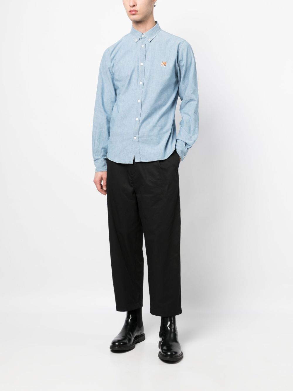Maison Kitsuné Fox-head Patch Cotton Shirt Blue Maison-Kitsune Men Shirts