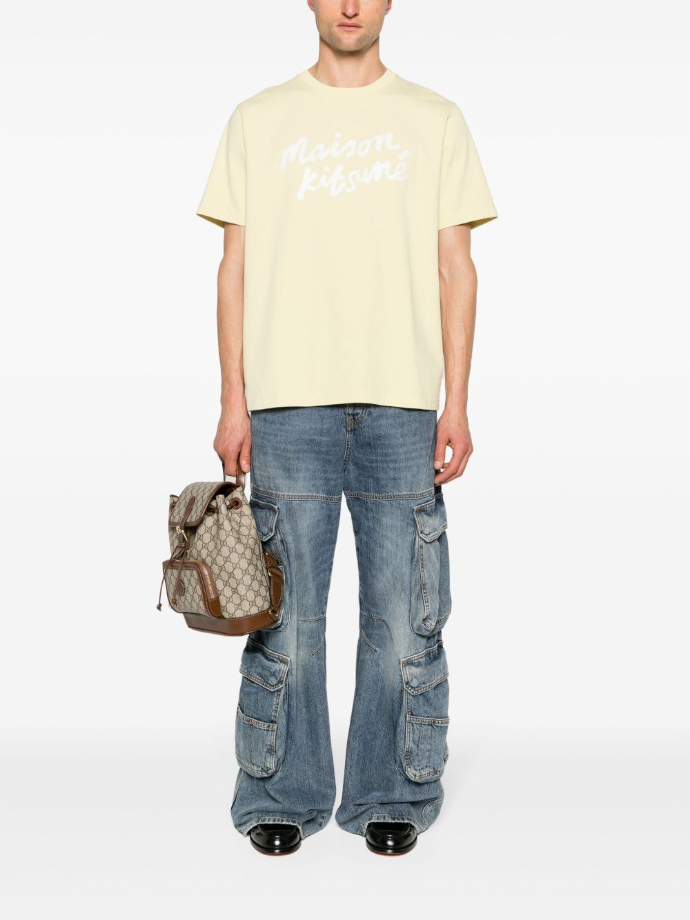 Maison-Kitsune Maison Kitsuné Handwriting-print Cotton T-shirt Yellow Men T-Shirts