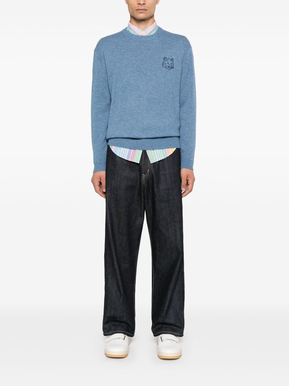 Maison-Kitsune Knitted Sweaters Men Maison Kitsuné Bold Fox Head Embroidered Sweater Blue