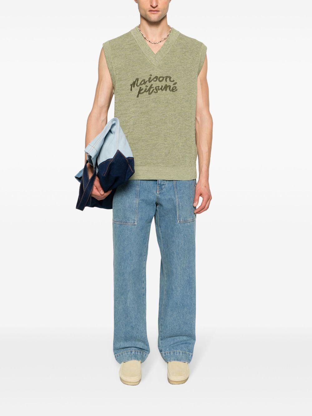 Maison Kitsuné logo-embroidered Cotton Vest Green Maison-Kitsune Men Knitted Sweaters