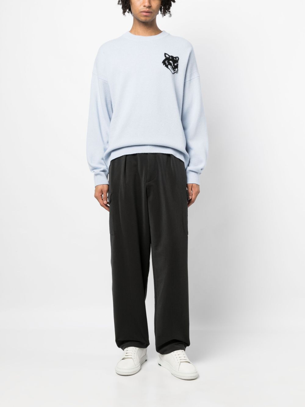 Maison Kitsuné intarsia-knit Logo Wool Jumper Blue Maison-Kitsune Men Knitted Sweaters