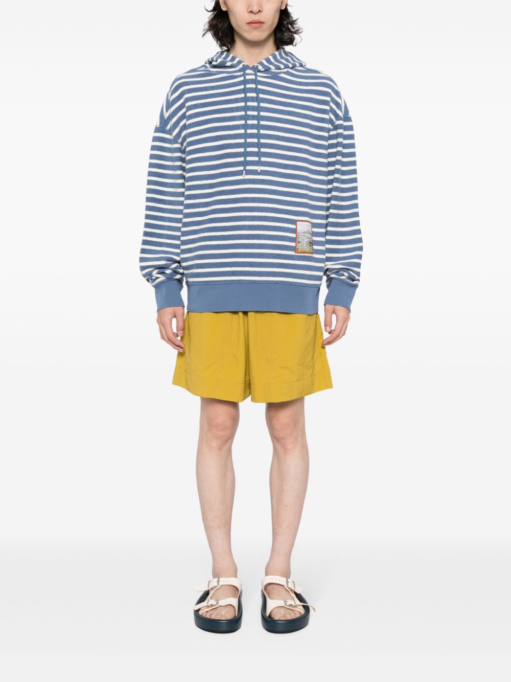 Maison Kitsuné appliqué-logo Striped Cotton Hoodie Blue Maison-Kitsune Men Hoodies