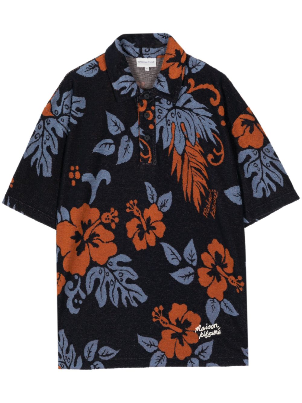 Maison-Kitsune Maison Kitsuné floral-print towelling-finish Polo Shirt Blue Men Polo Shirts