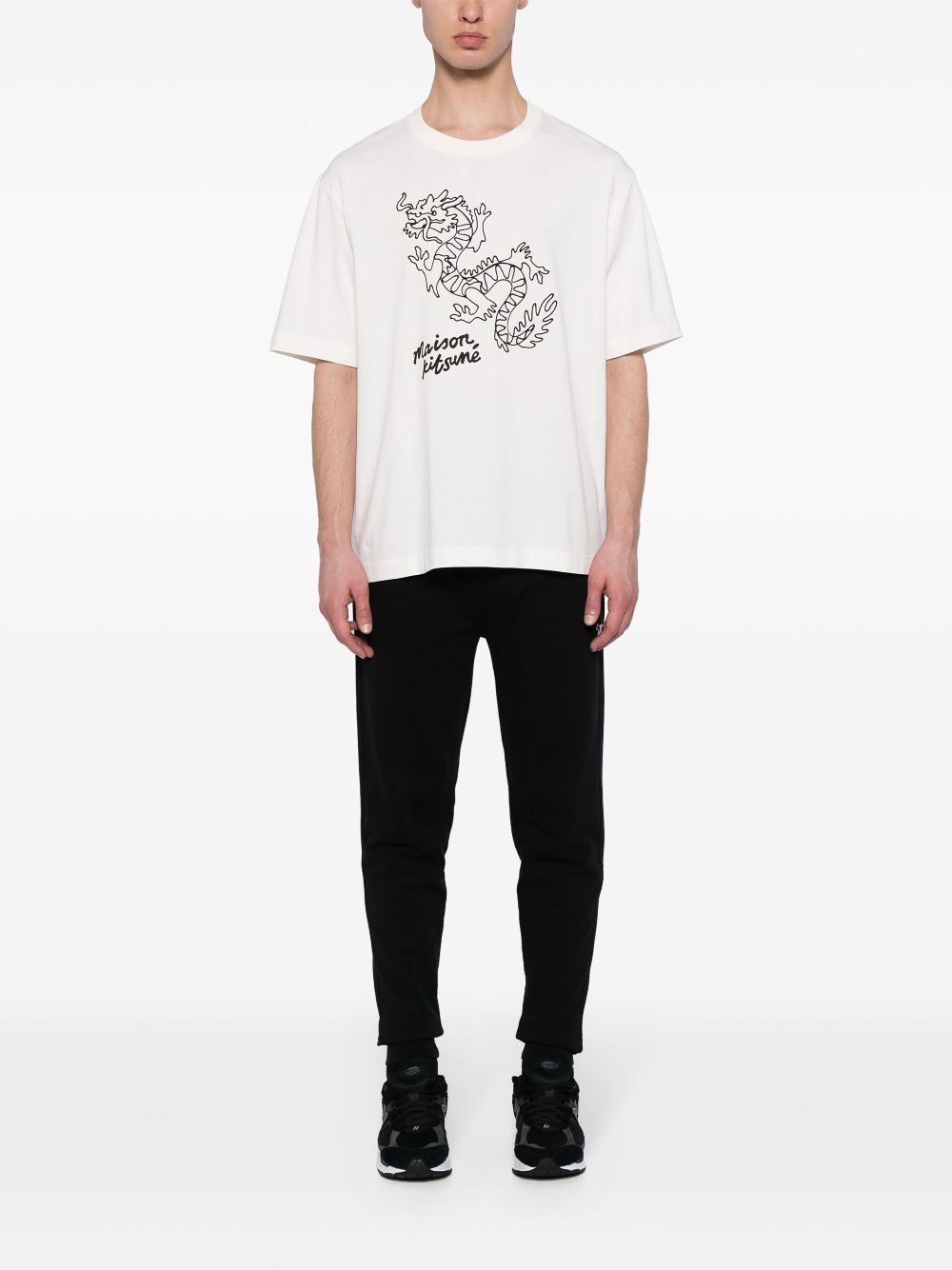 Maison Kitsuné dragon-print Cotton T-shirt White Maison-Kitsune Men T-Shirts