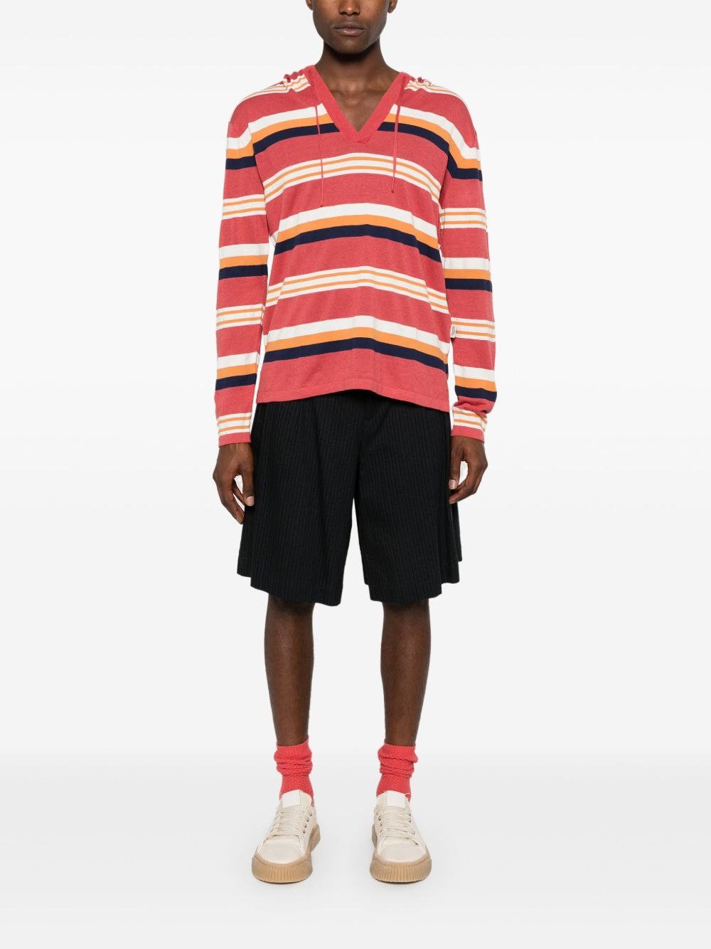 Men Knitted Sweaters Maison-Kitsune Maison Kitsuné Striped Hooded Jumper Red