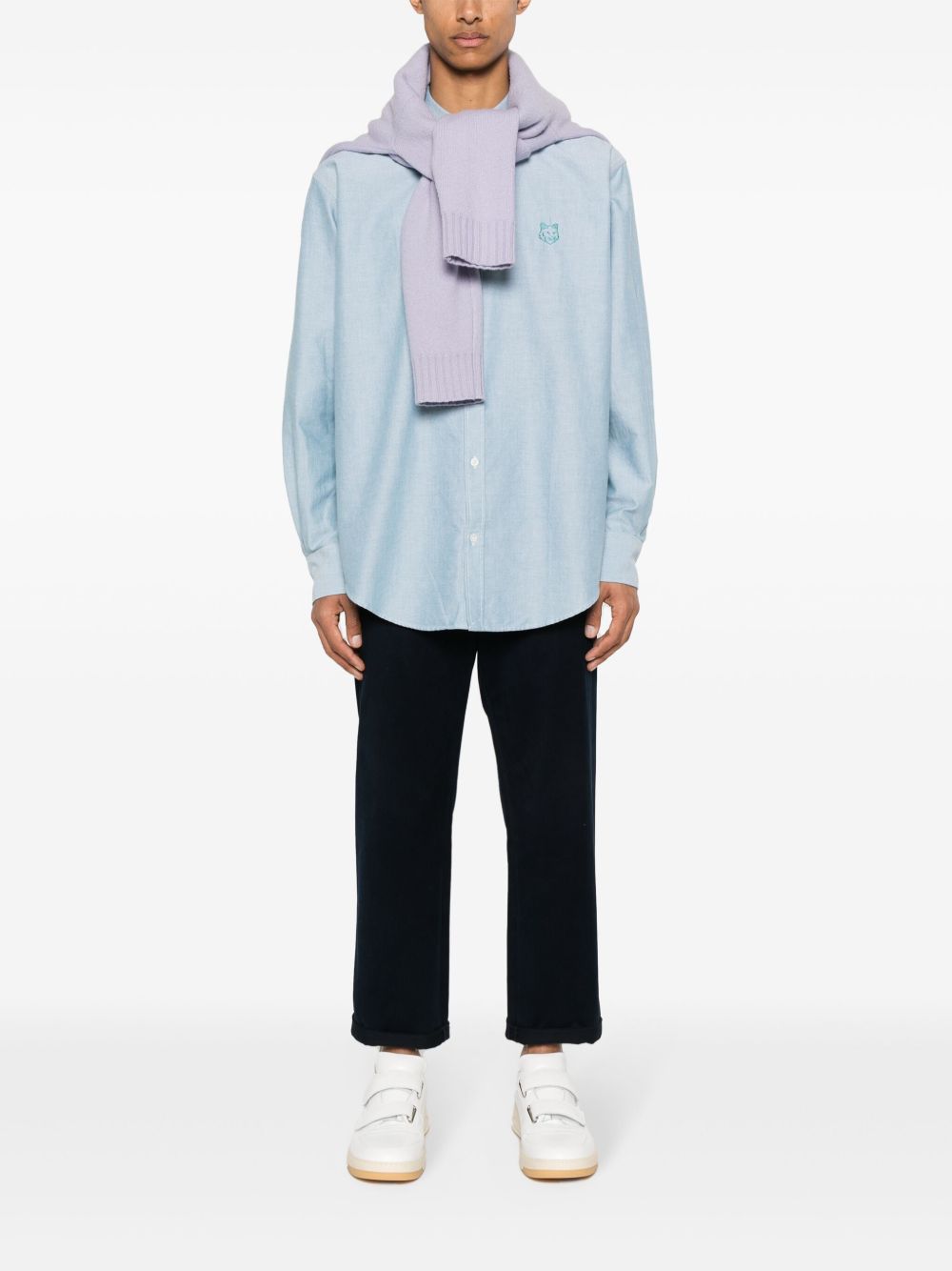 Men Shirts Maison-Kitsune Maison Kitsuné Contour Fox Head-embroidery Cotton Shirt Blue